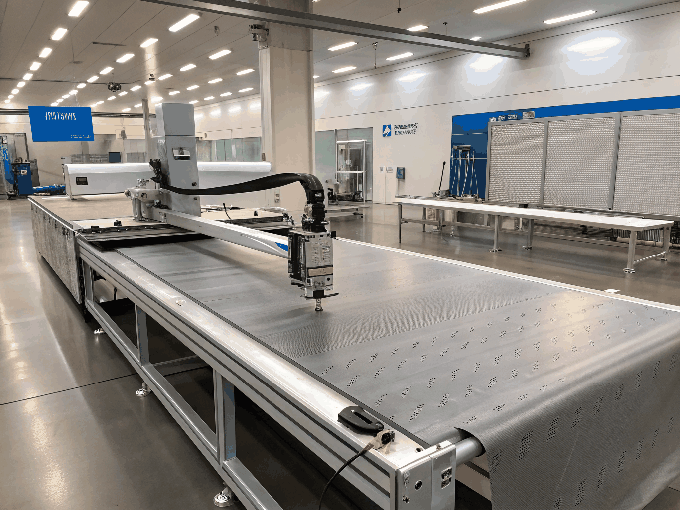 Automated fabric cutting machinery in manufacturing plant