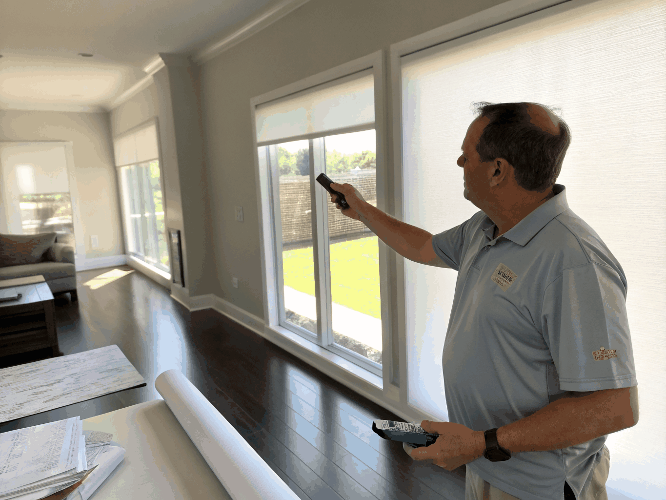 Motorized commercial roller shades in boardroom.