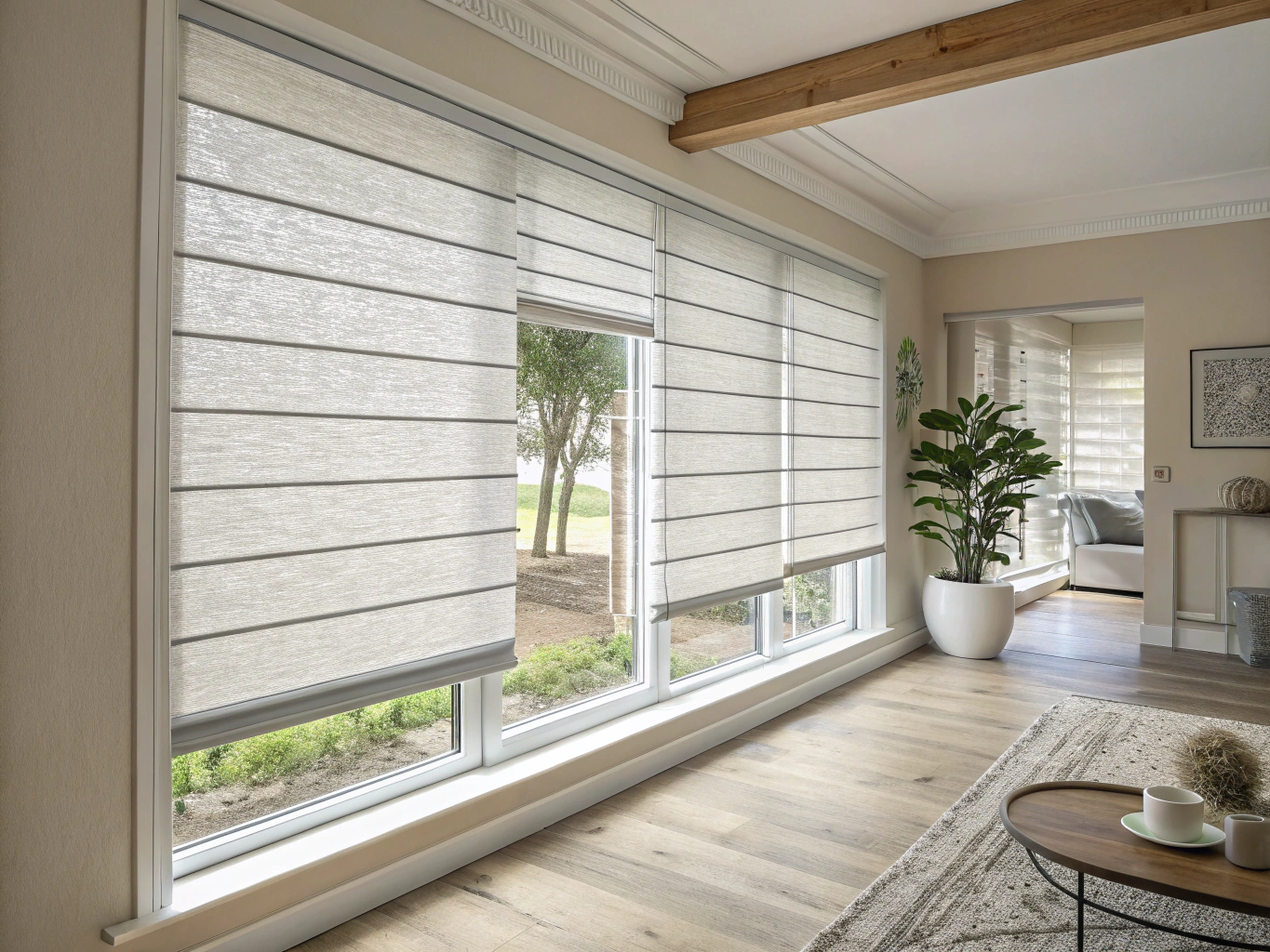 Architectural zebra blind in modern hospitality room.
