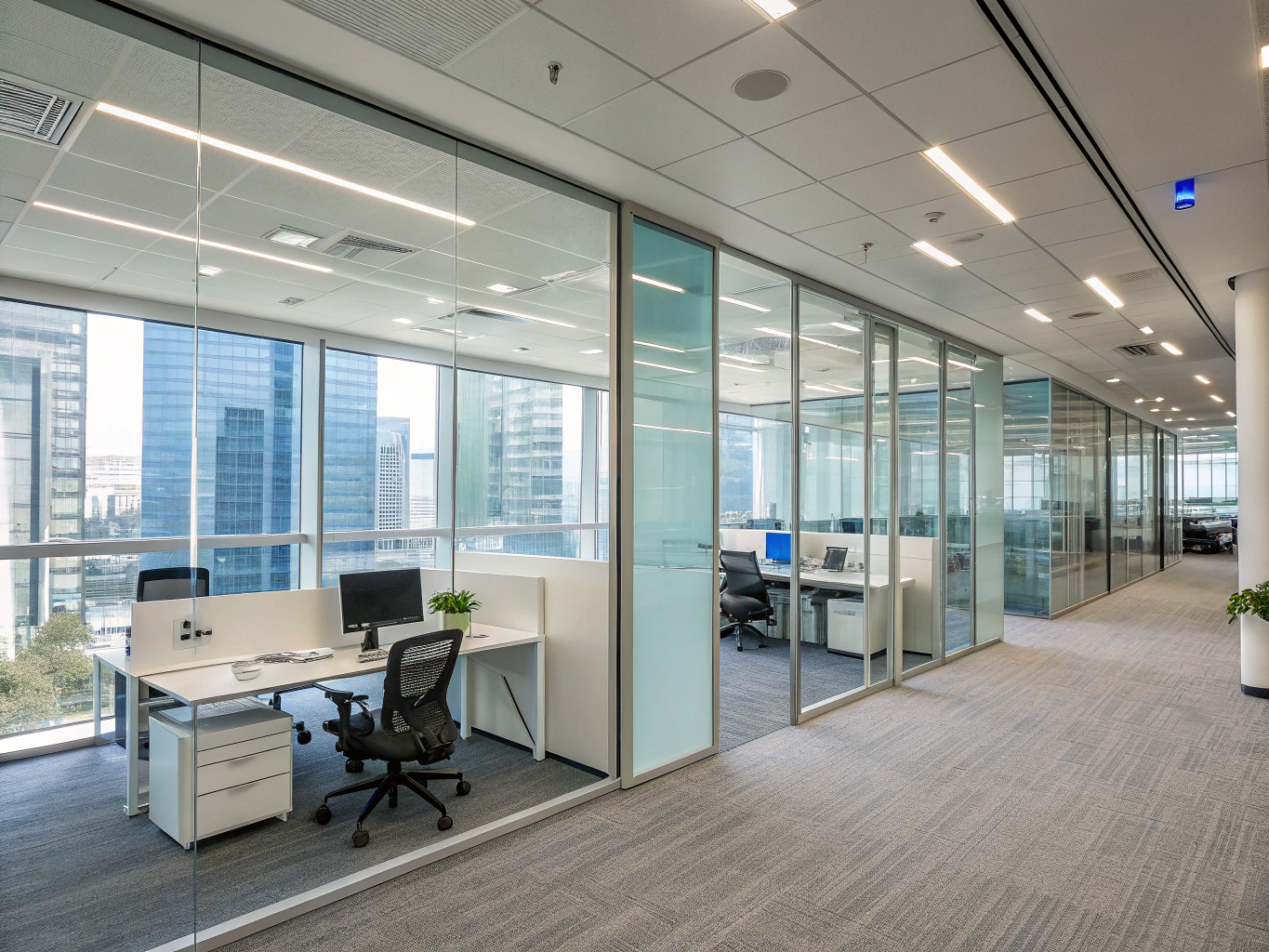 Contemporary corporate workspace with glare-control blinds.