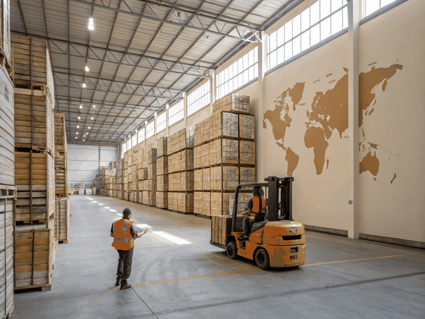 Factory warehouse staging bulk crated shipments of window coverings for export.