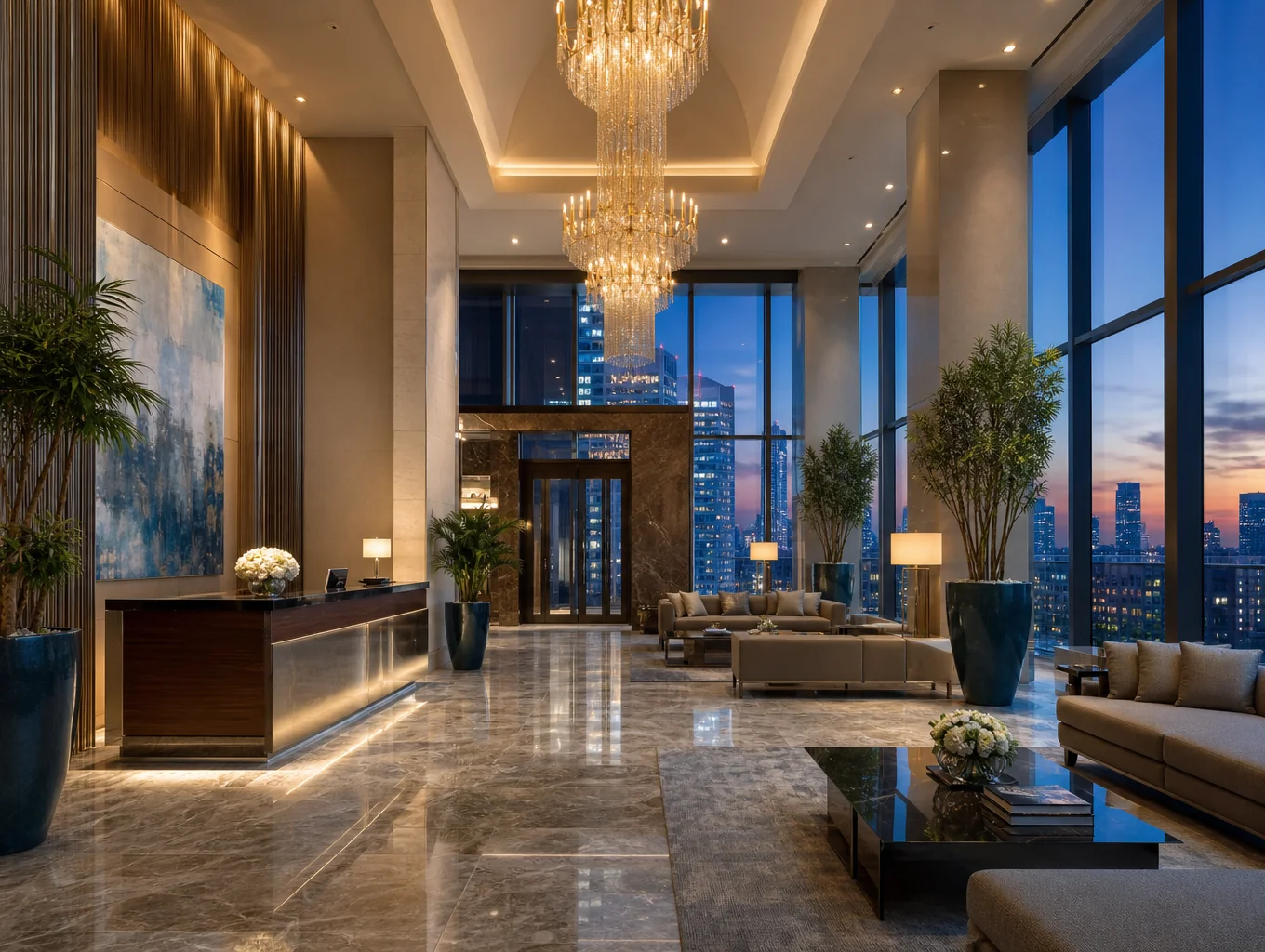 Luxury hotel atrium with motorized shading.