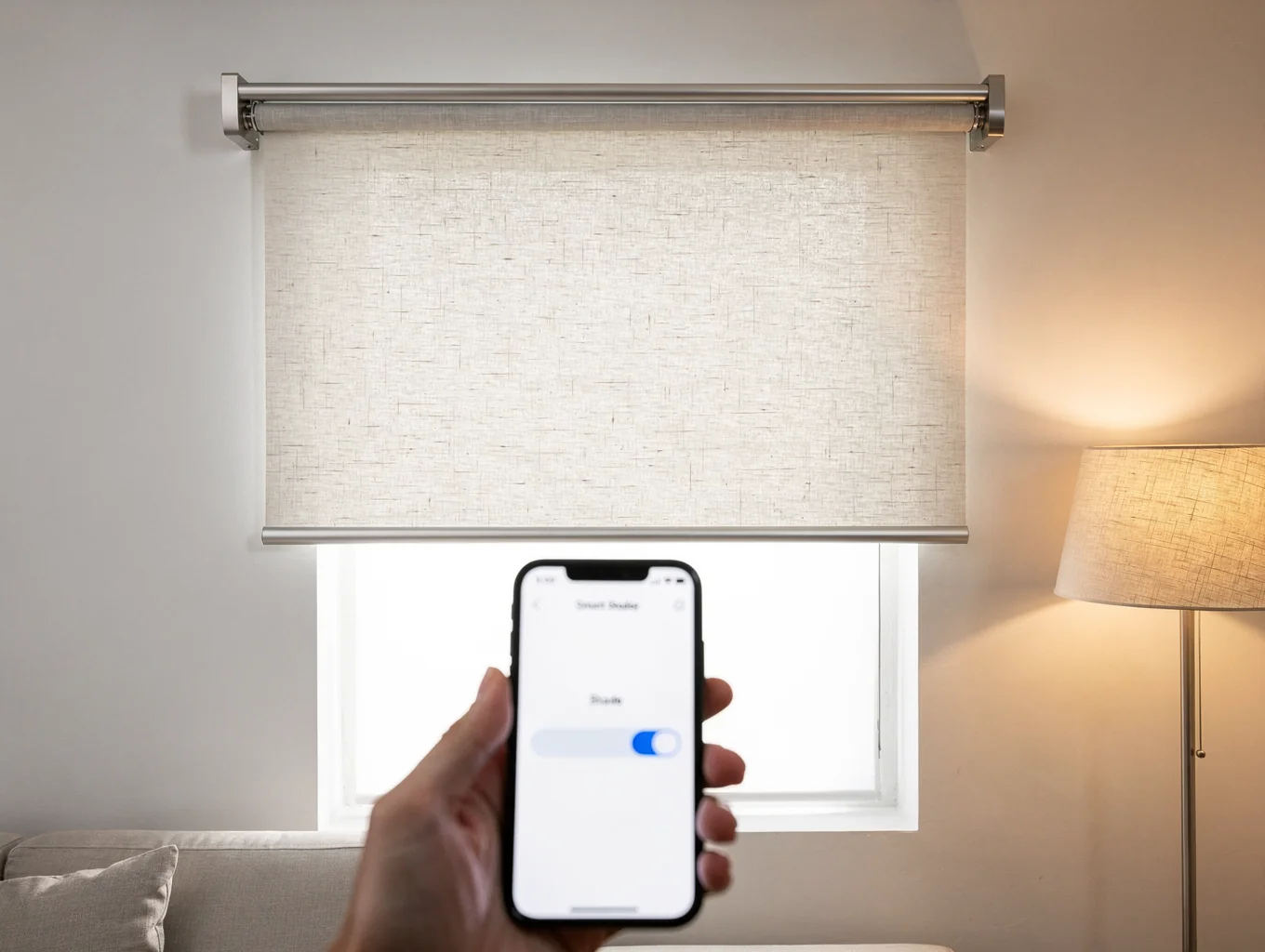 Motorized roller shade installed in contemporary window bay.