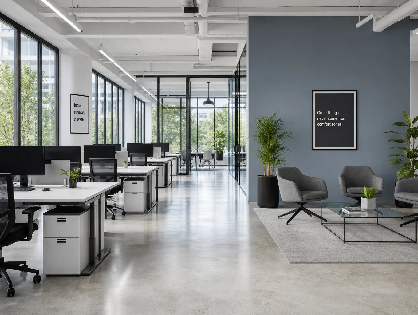 Modern office with automated daylight harvesting shades
