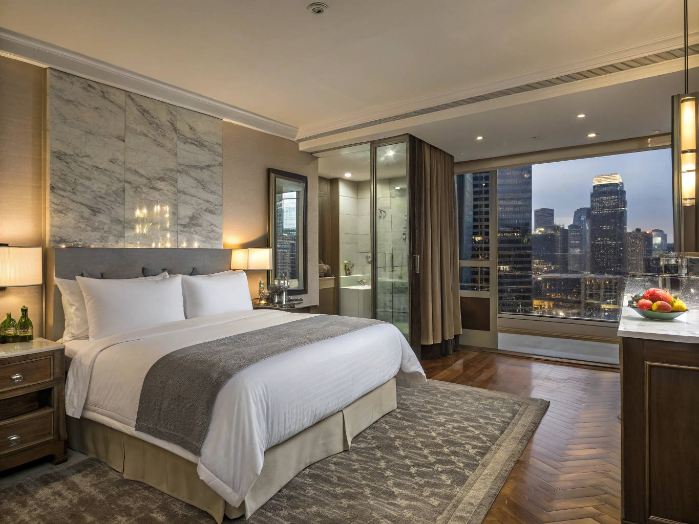 Luxury hotel room with layered automated shades