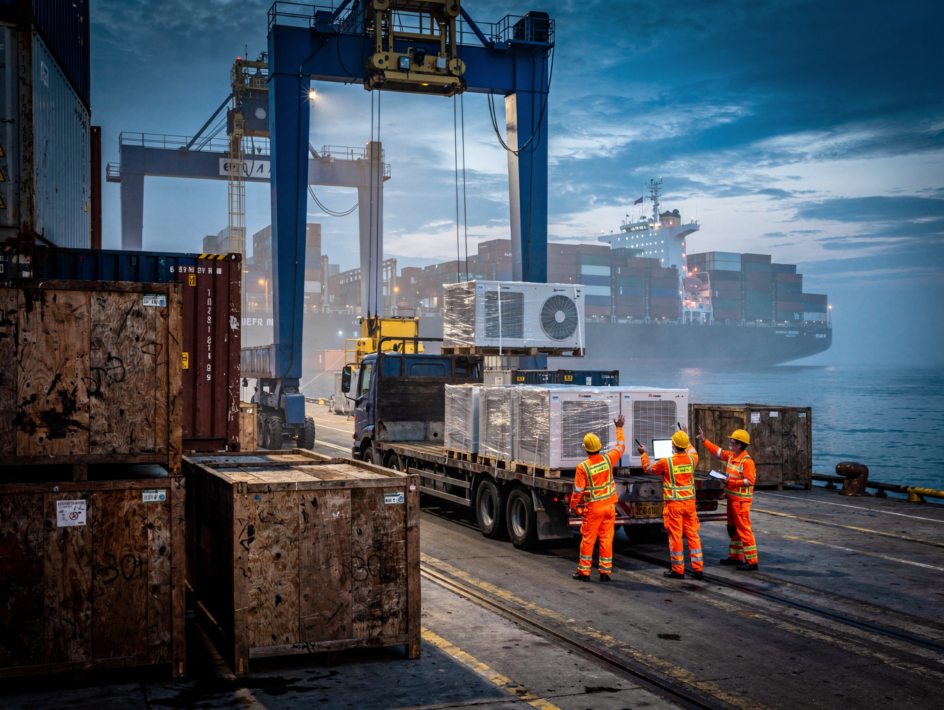 Crates prepared for global maritime logistics dispatch